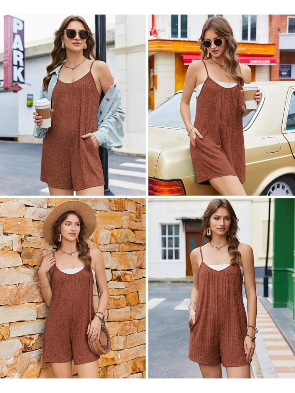 Women's Caramel Summer Casual Loose Sleeveless Overall Adjustable Short Romper - Picture 5 of 6